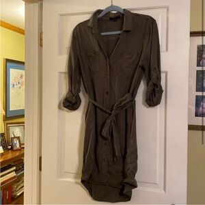 Army Green Button up shirt dress with tie waist
